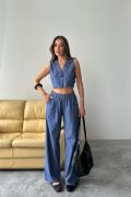 TENCEL CROP KOLSUZ GÖMLEK - PANTOLON TAKIM - İndigo resmi